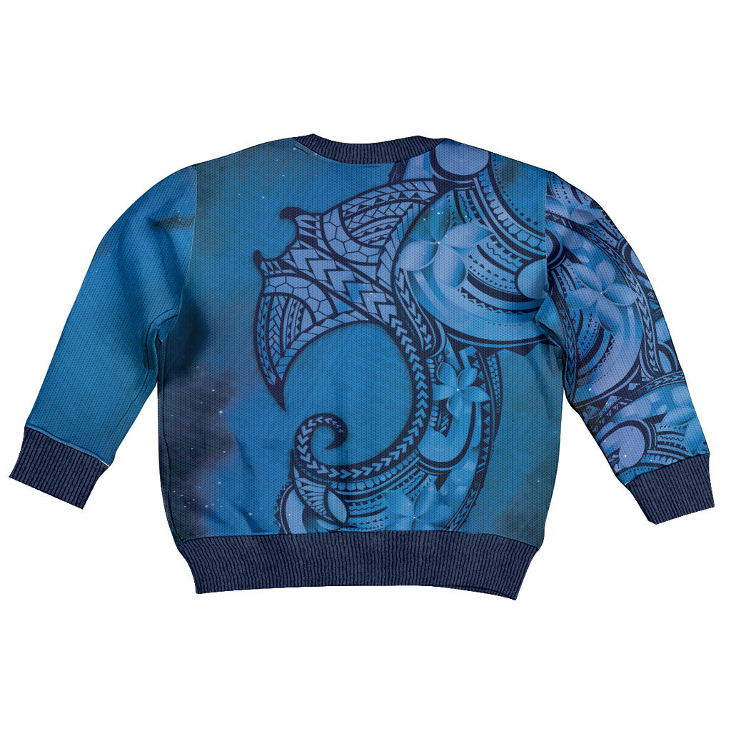 Polynesia Manta Ray Tattoo Kid Ugly Christmas Sweater Tropical Plumeria Blue Polynesian Pattern