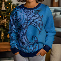 Polynesia Manta Ray Tattoo Kid Ugly Christmas Sweater Tropical Plumeria Blue Polynesian Pattern