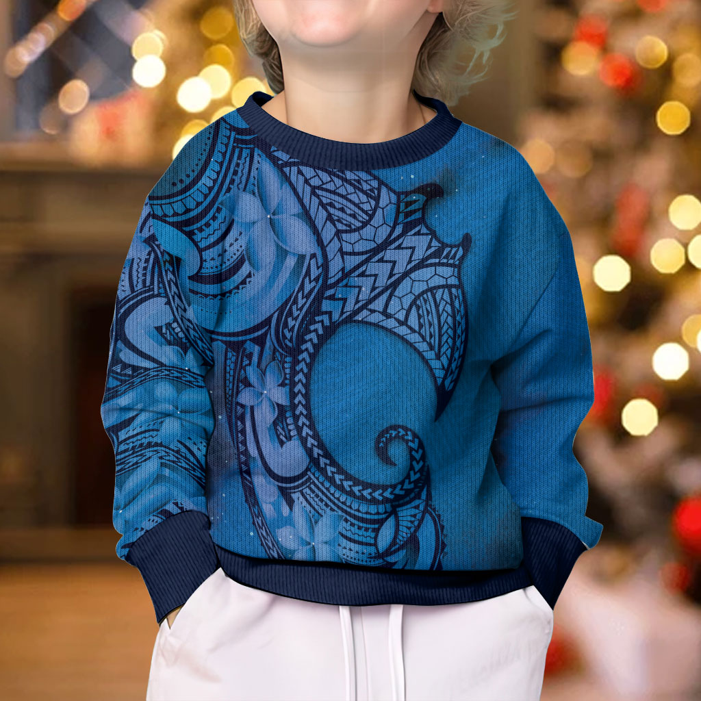 Polynesia Manta Ray Tattoo Kid Ugly Christmas Sweater Tropical Plumeria Blue Polynesian Pattern