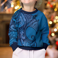 Polynesia Manta Ray Tattoo Kid Ugly Christmas Sweater Tropical Plumeria Blue Polynesian Pattern