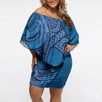 Polynesia Manta Ray Tattoo Off Shoulder Short Dress Tropical Plumeria Blue Polynesian Pattern LT14 Women Blue - Polynesian Pride