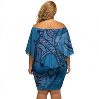 Polynesia Manta Ray Tattoo Off Shoulder Short Dress Tropical Plumeria Blue Polynesian Pattern LT14 - Polynesian Pride