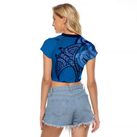 Polynesia Manta Ray Tattoo Raglan Cropped T Shirt Tropical Plumeria Blue Polynesian Pattern LT14 - Polynesian Pride