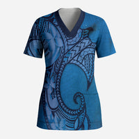 Polynesia Manta Ray Tattoo Scrub Top Tropical Plumeria Blue Polynesian Pattern LT14 Adult Blue - Polynesian Pride