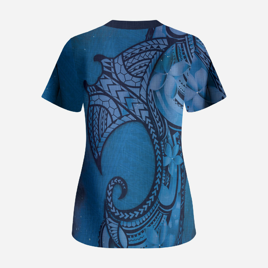 Polynesia Manta Ray Tattoo Scrub Top Tropical Plumeria Blue Polynesian Pattern LT14 - Polynesian Pride