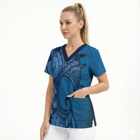 Polynesia Manta Ray Tattoo Scrub Top Tropical Plumeria Blue Polynesian Pattern LT14 - Polynesian Pride