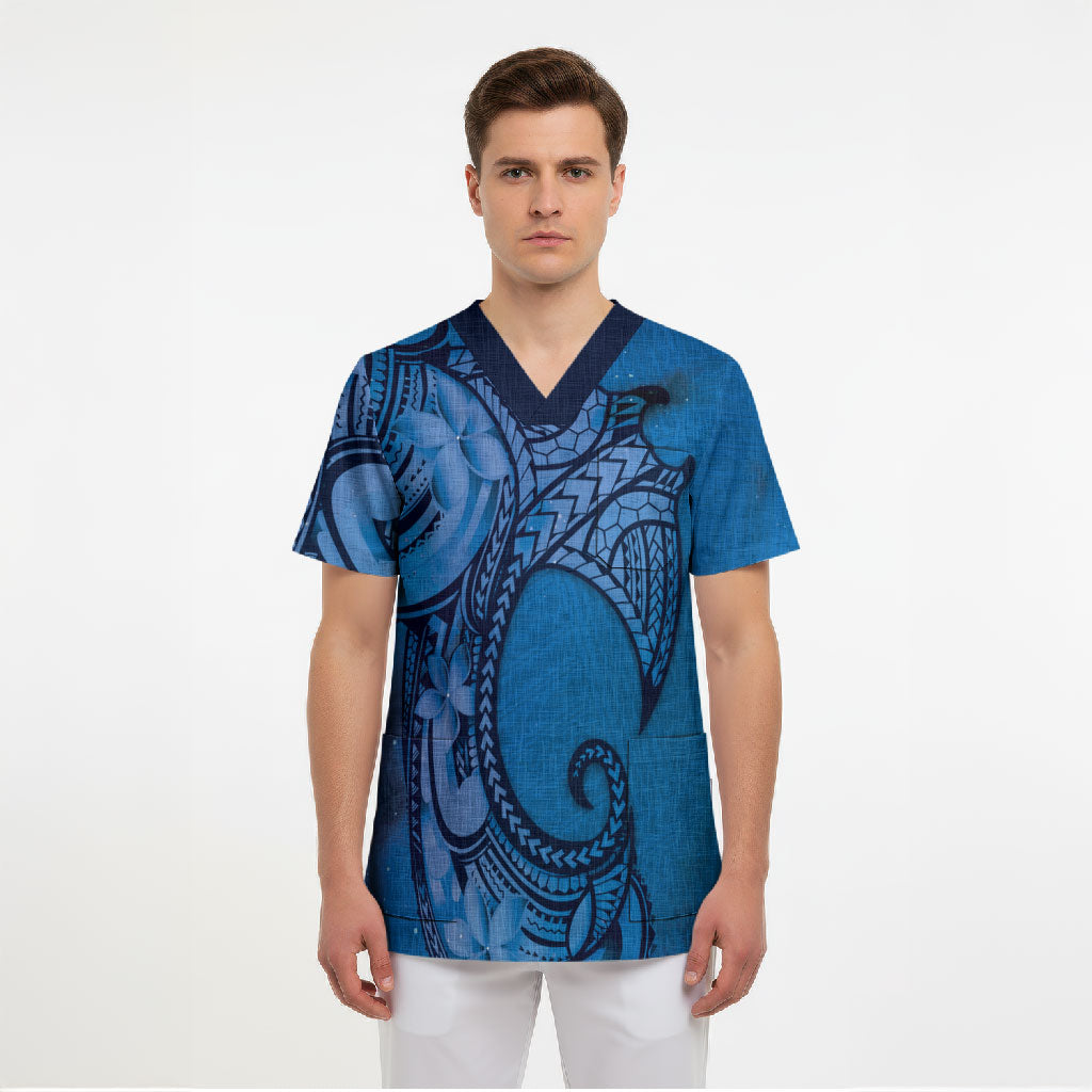 Polynesia Manta Ray Tattoo Scrub Top Tropical Plumeria Blue Polynesian Pattern LT14 - Polynesian Pride