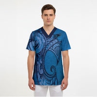 Polynesia Manta Ray Tattoo Scrub Top Tropical Plumeria Blue Polynesian Pattern LT14 - Polynesian Pride
