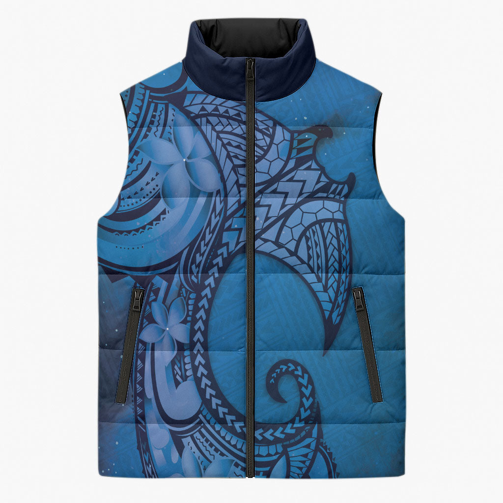 Polynesia Manta Ray Tattoo Sleeveless Puffer Jacket Tropical Plumeria Blue Polynesian Pattern LT14 Unisex Blue - Polynesian Pride