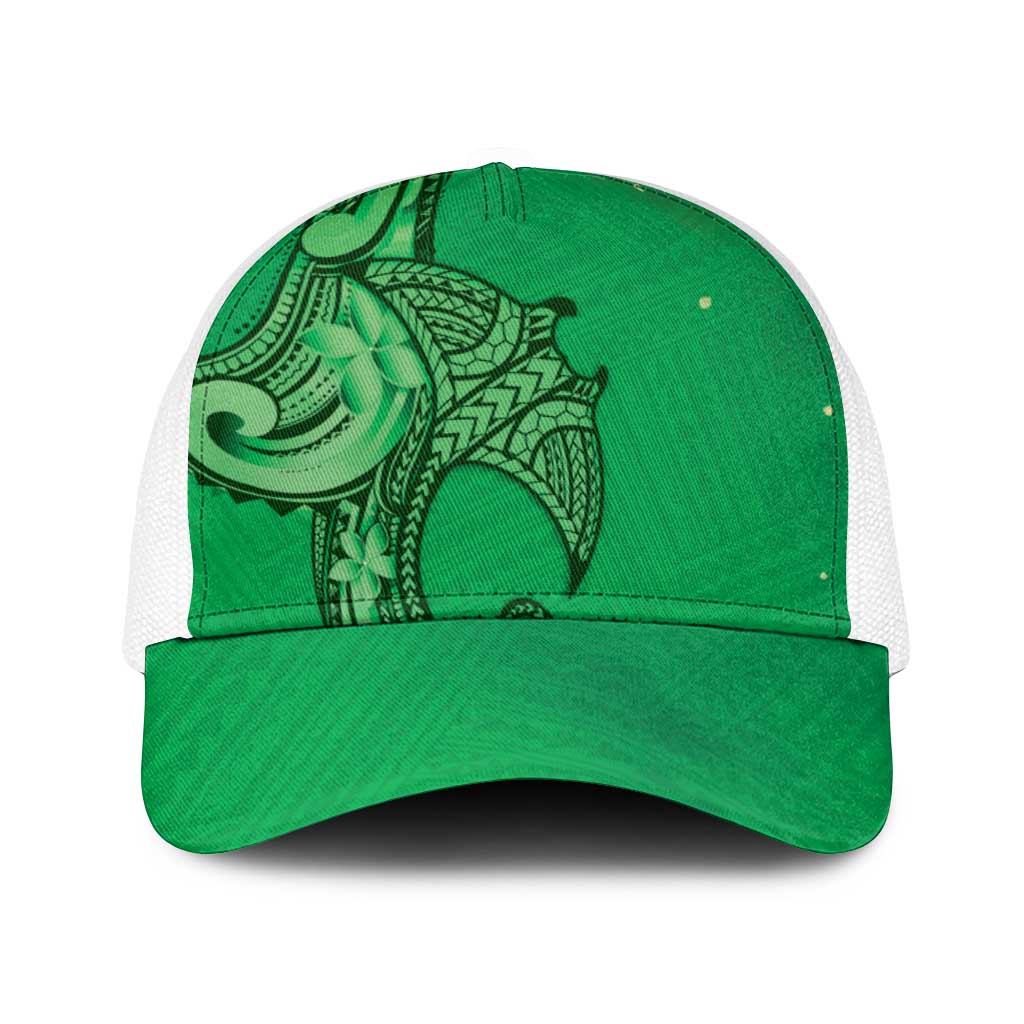 Polynesia Manta Ray Tattoo Baseball Net Cap Tropical Plumeria Green Polynesian Pattern LT14 One Size White Green - Polynesian Pride