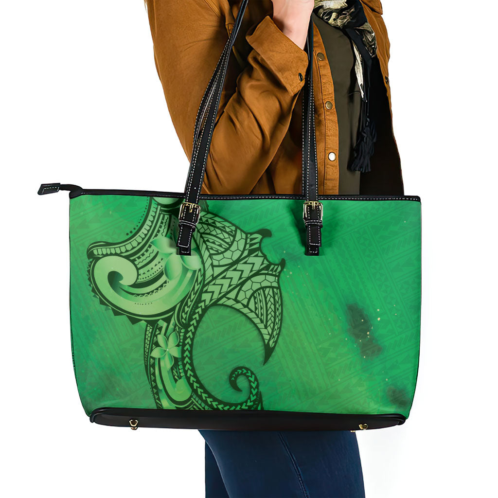 Polynesia Manta Ray Tattoo Leather Tote Bag Tropical Plumeria Green Polynesian Pattern LT14 - Polynesian Pride