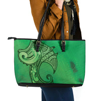 Polynesia Manta Ray Tattoo Leather Tote Bag Tropical Plumeria Green Polynesian Pattern LT14 - Polynesian Pride