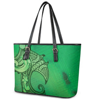 Polynesia Manta Ray Tattoo Leather Tote Bag Tropical Plumeria Green Polynesian Pattern LT14 - Polynesian Pride