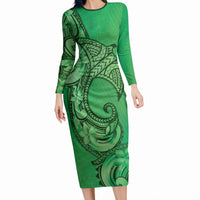 Polynesia Manta Ray Tattoo Long Sleeve Bodycon Dress Tropical Plumeria Green Polynesian Pattern LT14 Long Dress Green - Polynesian Pride