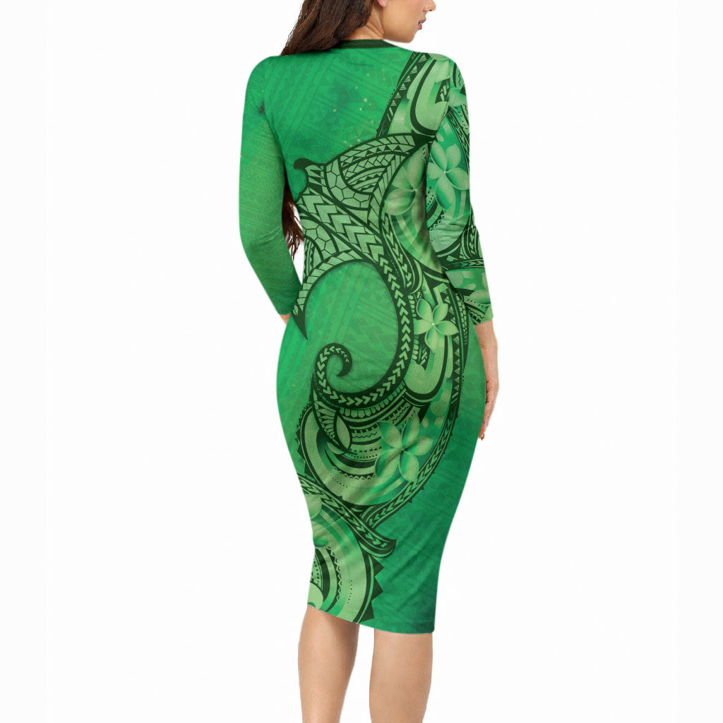 Polynesia Manta Ray Tattoo Long Sleeve Bodycon Dress Tropical Plumeria Green Polynesian Pattern LT14 - Polynesian Pride