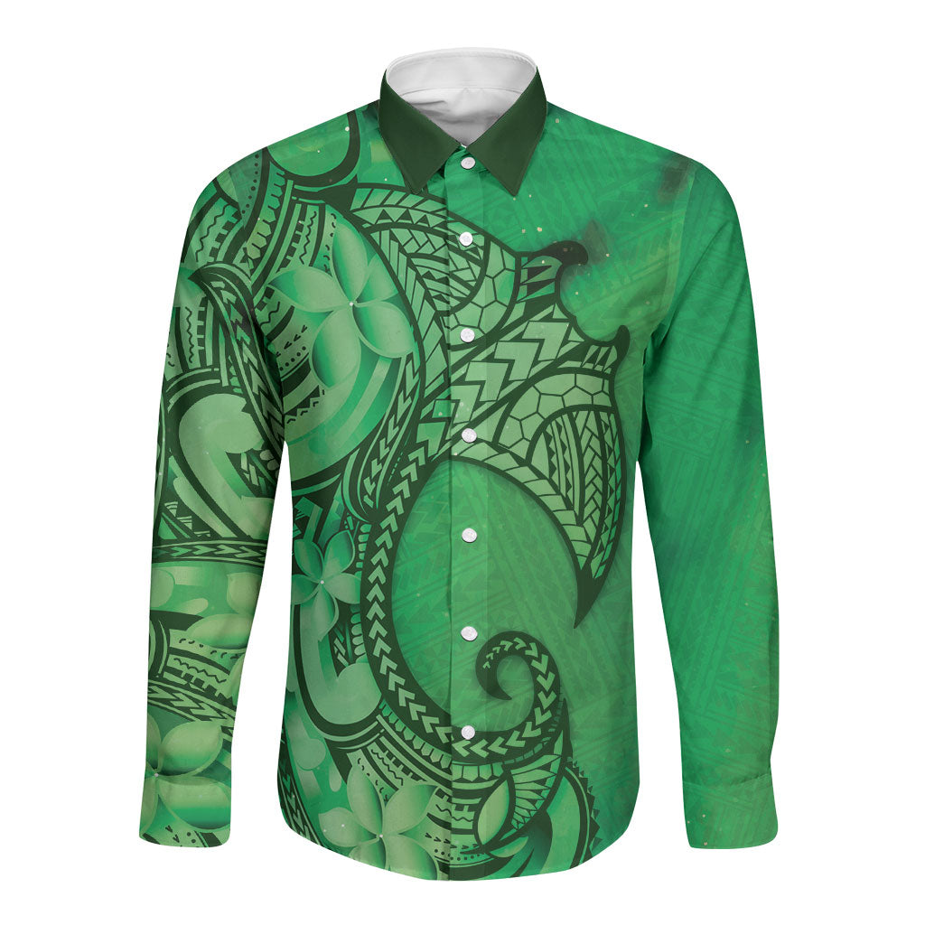 Polynesia Manta Ray Tattoo Long Sleeve Button Shirt Tropical Plumeria Green Polynesian Pattern LT14 Unisex Green - Polynesian Pride