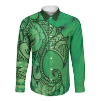 Polynesia Manta Ray Tattoo Long Sleeve Button Shirt Tropical Plumeria Green Polynesian Pattern LT14 Unisex Green - Polynesian Pride