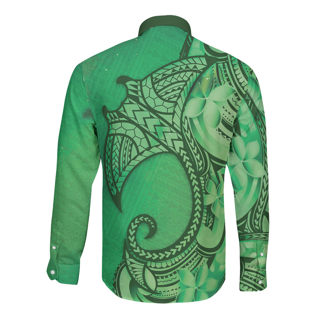 Polynesia Manta Ray Tattoo Long Sleeve Button Shirt Tropical Plumeria Green Polynesian Pattern LT14 - Polynesian Pride