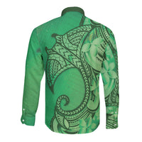 Polynesia Manta Ray Tattoo Long Sleeve Button Shirt Tropical Plumeria Green Polynesian Pattern LT14 - Polynesian Pride