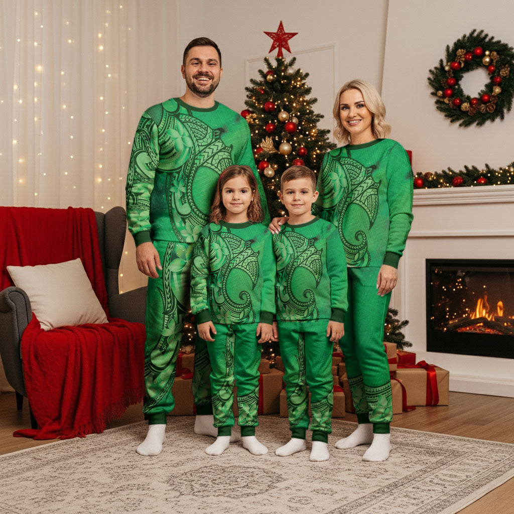Polynesia Manta Ray Tattoo Christmas Pajama Set Tropical Plumeria Green Polynesian Pattern LT14 - Polynesian Pride