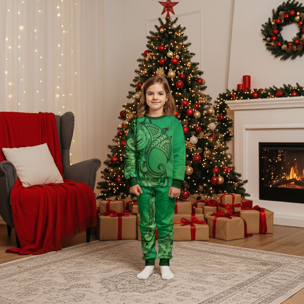Polynesia Manta Ray Tattoo Christmas Pajama Set Tropical Plumeria Green Polynesian Pattern LT14 Kid Green - Polynesian Pride