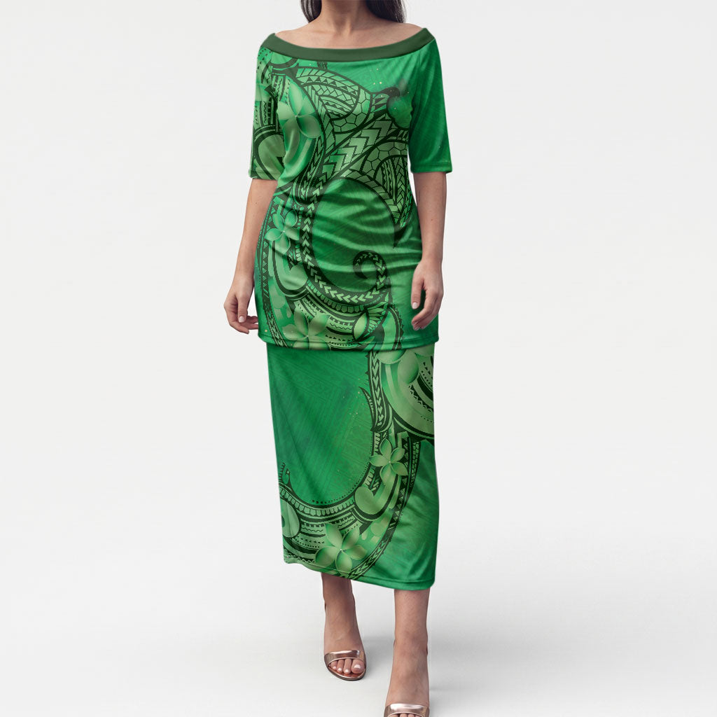 Polynesia Manta Ray Tattoo Puletasi Tropical Plumeria Green Polynesian Pattern LT14 Long Dress Green - Polynesian Pride