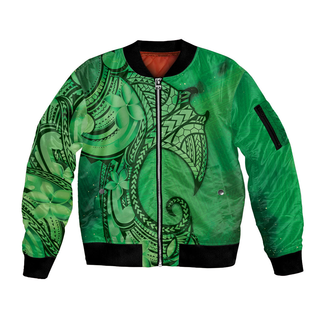 Polynesia Manta Ray Tattoo Sleeve Zip Bomber Jacket Tropical Plumeria Green Polynesian Pattern LT14 Unisex Green - Polynesian Pride