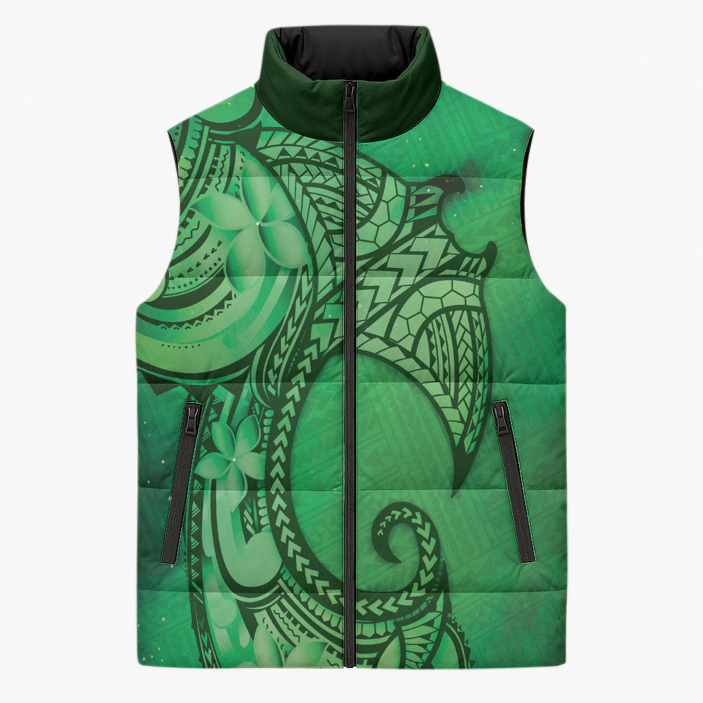 Polynesia Manta Ray Tattoo Sleeveless Puffer Jacket Tropical Plumeria Green Polynesian Pattern LT14 Unisex Green - Polynesian Pride