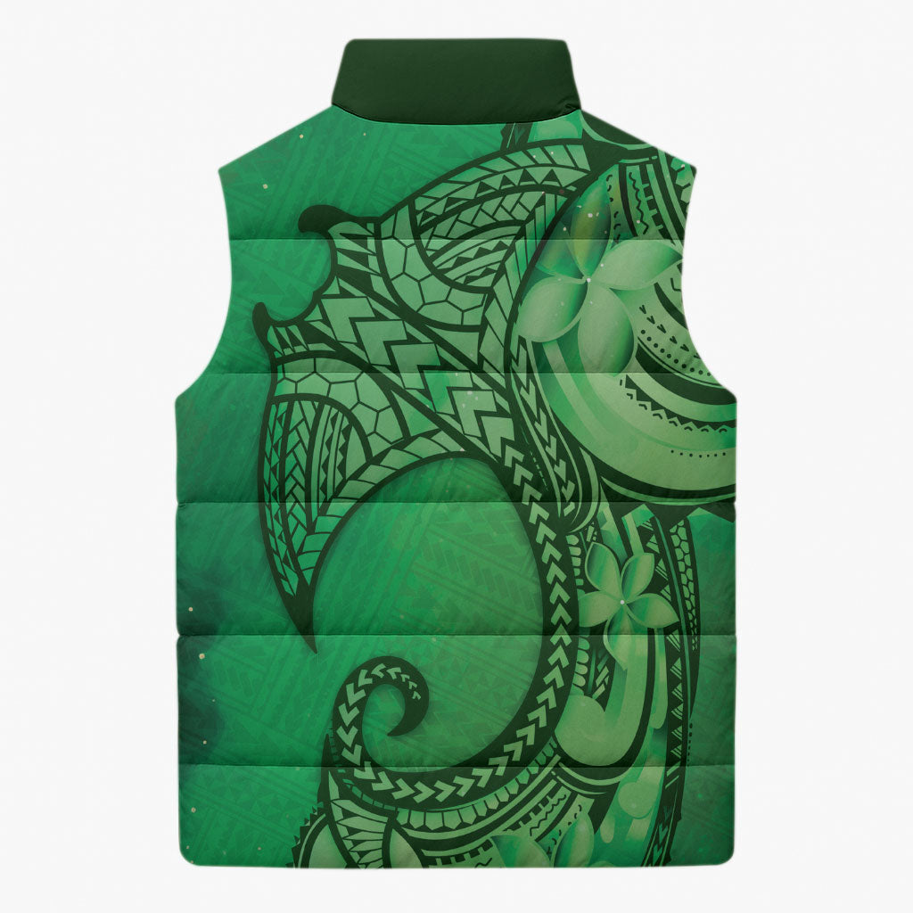 Polynesia Manta Ray Tattoo Sleeveless Puffer Jacket Tropical Plumeria Green Polynesian Pattern LT14 - Polynesian Pride