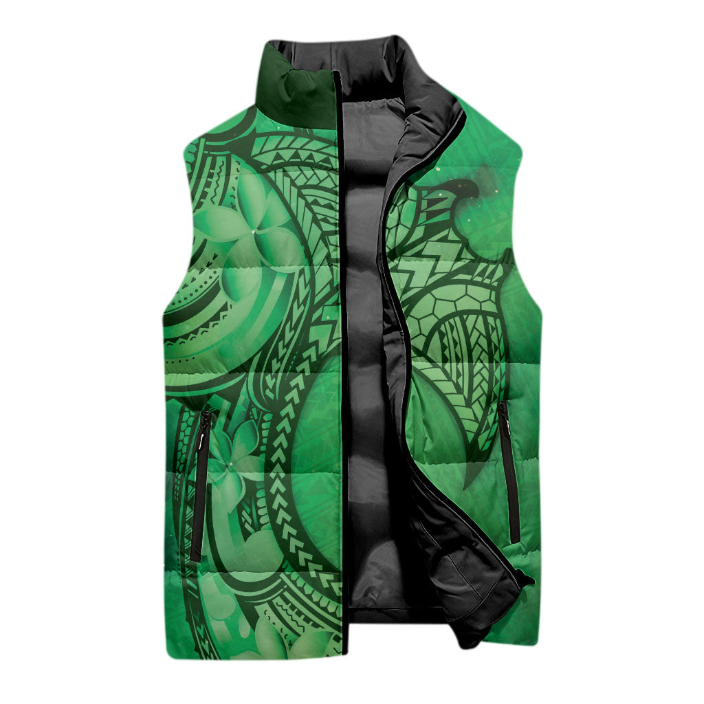 Polynesia Manta Ray Tattoo Sleeveless Puffer Jacket Tropical Plumeria Green Polynesian Pattern LT14 - Polynesian Pride
