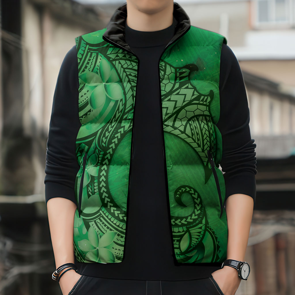 Polynesia Manta Ray Tattoo Sleeveless Puffer Jacket Tropical Plumeria Green Polynesian Pattern LT14 - Polynesian Pride