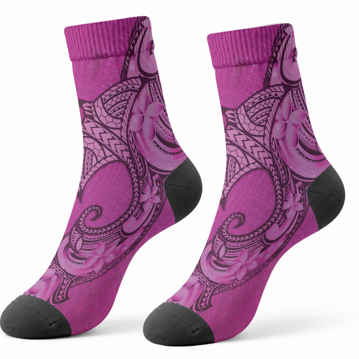Polynesia Manta Ray Tattoo Crew Socks Tropical Plumeria Pink Polynesian Pattern LT14 - Polynesian Pride
