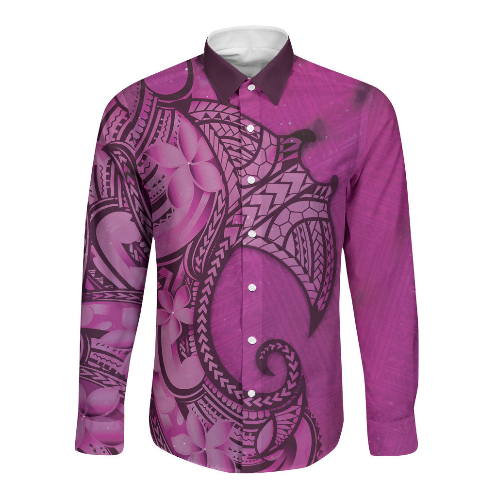 Polynesia Manta Ray Tattoo Long Sleeve Button Shirt Tropical Plumeria Pink Polynesian Pattern LT14 Unisex Pink - Polynesian Pride