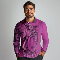 Polynesia Manta Ray Tattoo Long Sleeve Polo Shirt Tropical Plumeria Pink Polynesian Pattern LT14 - Polynesian Pride