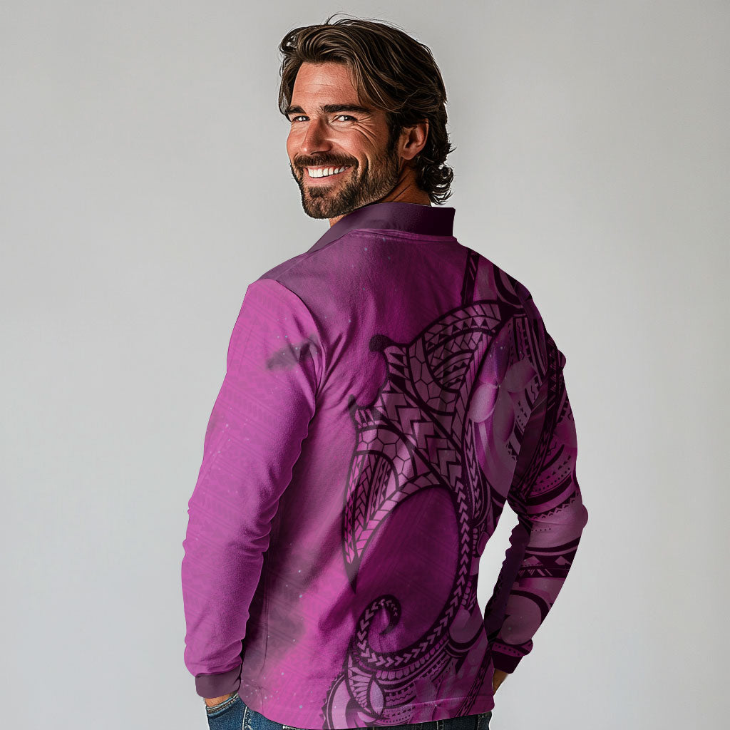Polynesia Manta Ray Tattoo Long Sleeve Polo Shirt Tropical Plumeria Pink Polynesian Pattern LT14 - Polynesian Pride