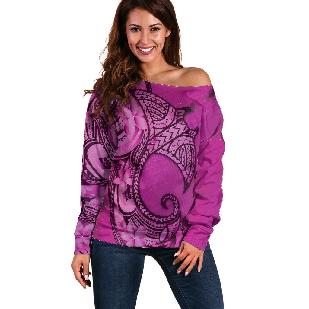 Polynesia Manta Ray Tattoo Off Shoulder Sweater Tropical Plumeria Pink Polynesian Pattern LT14 Women Pink - Polynesian Pride