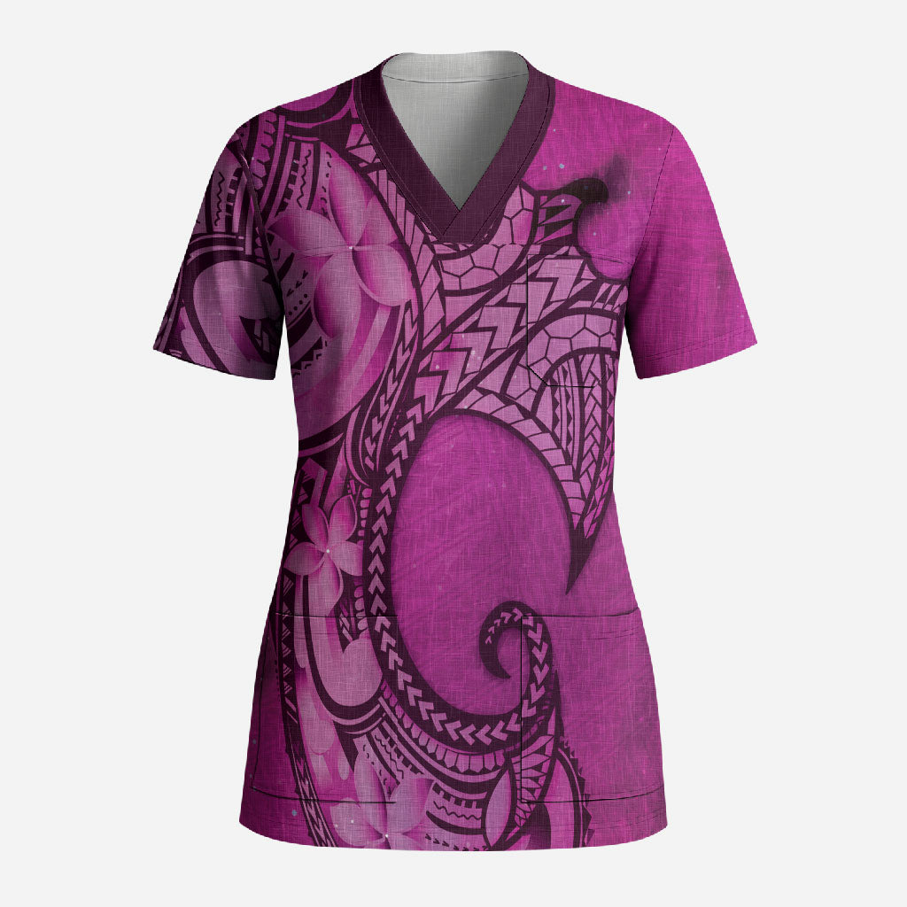 Polynesia Manta Ray Tattoo Scrub Top Tropical Plumeria Pink Polynesian Pattern LT14 Adult Pink - Polynesian Pride