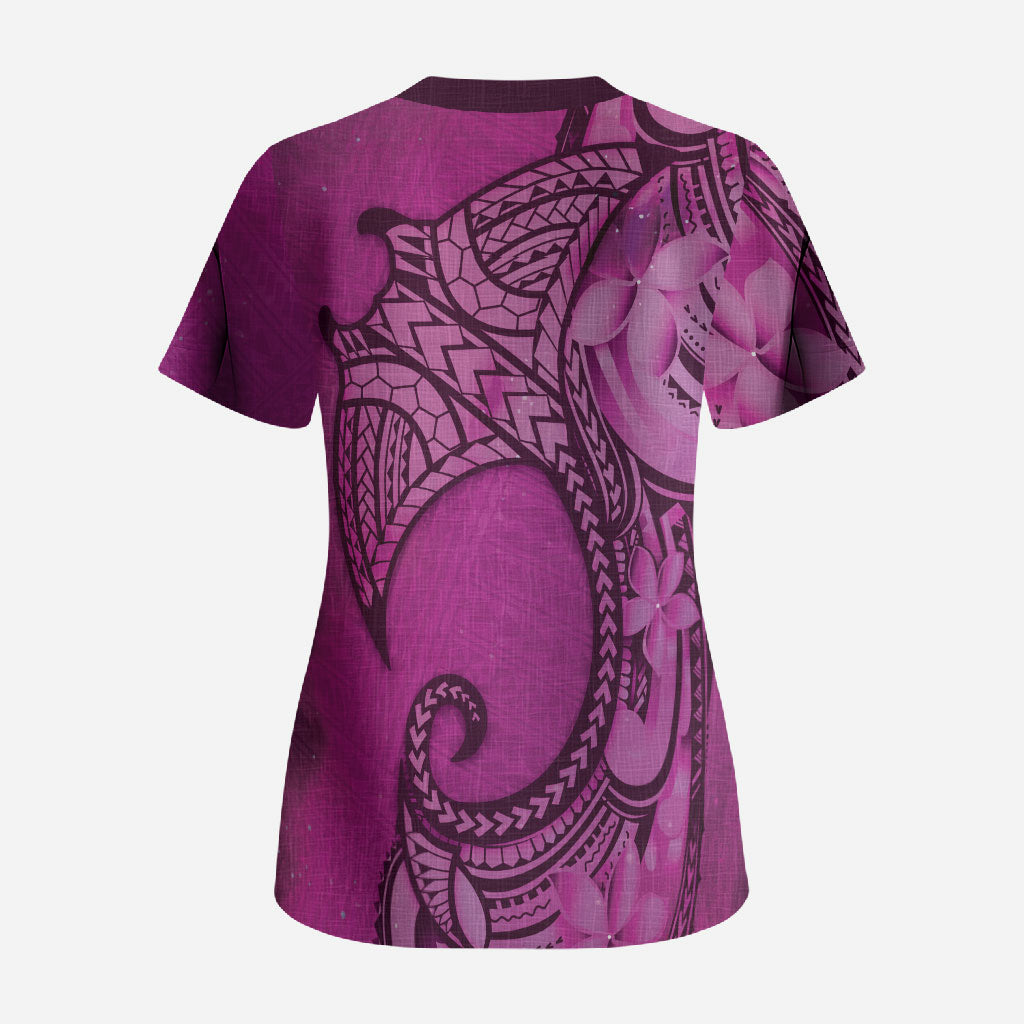 Polynesia Manta Ray Tattoo Scrub Top Tropical Plumeria Pink Polynesian Pattern LT14 - Polynesian Pride