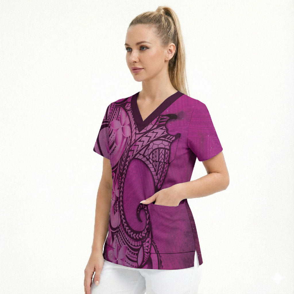 Polynesia Manta Ray Tattoo Scrub Top Tropical Plumeria Pink Polynesian Pattern LT14 - Polynesian Pride