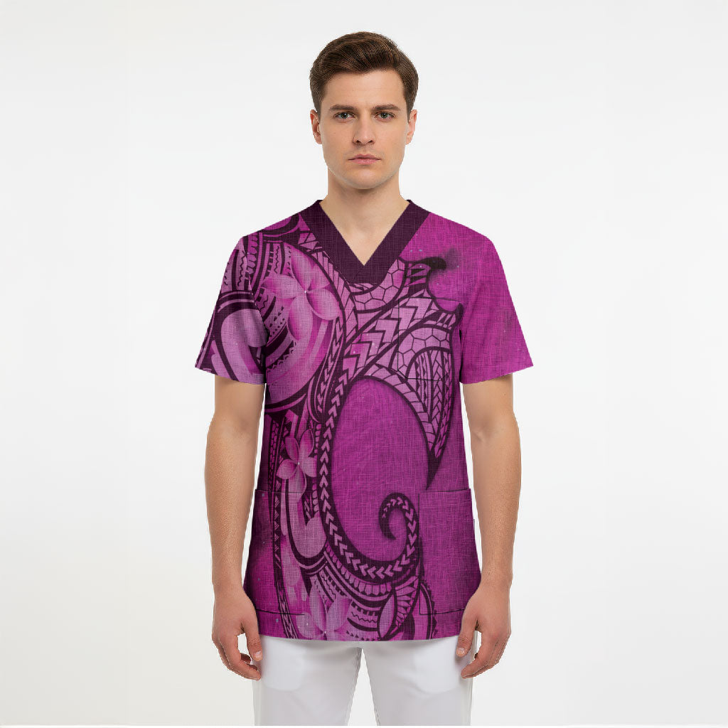 Polynesia Manta Ray Tattoo Scrub Top Tropical Plumeria Pink Polynesian Pattern LT14 - Polynesian Pride