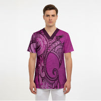 Polynesia Manta Ray Tattoo Scrub Top Tropical Plumeria Pink Polynesian Pattern LT14 - Polynesian Pride