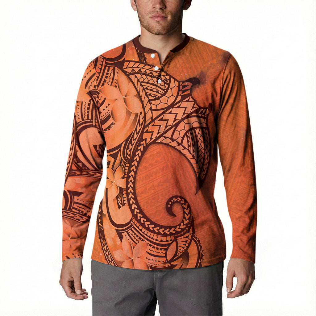 Polynesia Manta Ray Tattoo Button Sweatshirt Tropical Plumeria Orange Polynesian Pattern LT14 - Polynesian Pride