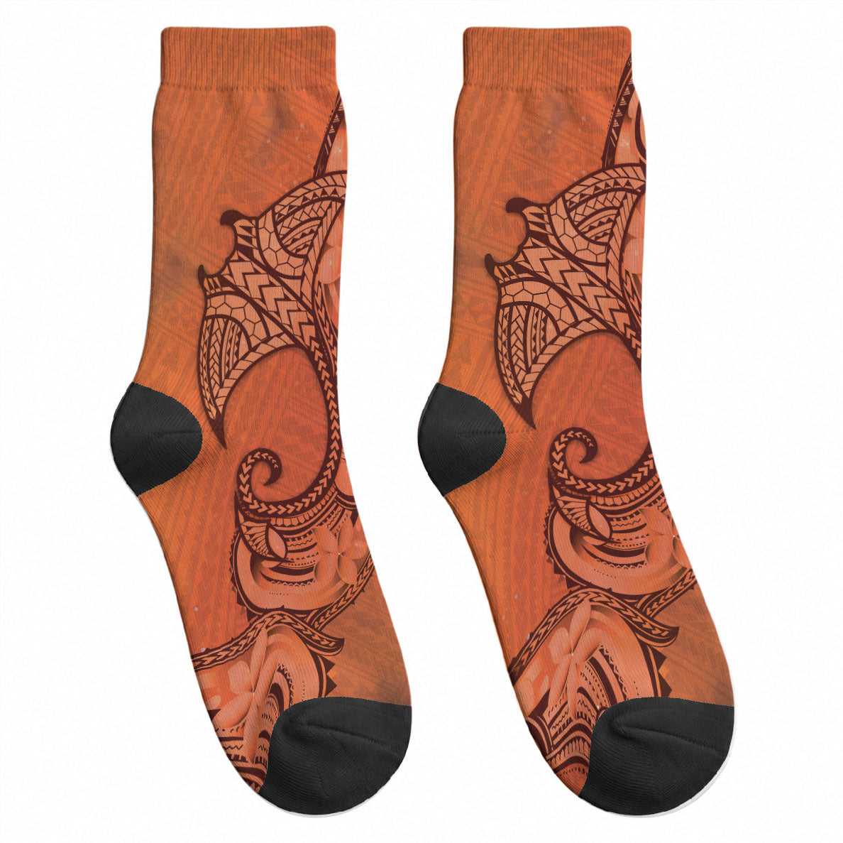 Polynesia Manta Ray Tattoo Crew Socks Tropical Plumeria Orange Polynesian Pattern LT14 - Polynesian Pride
