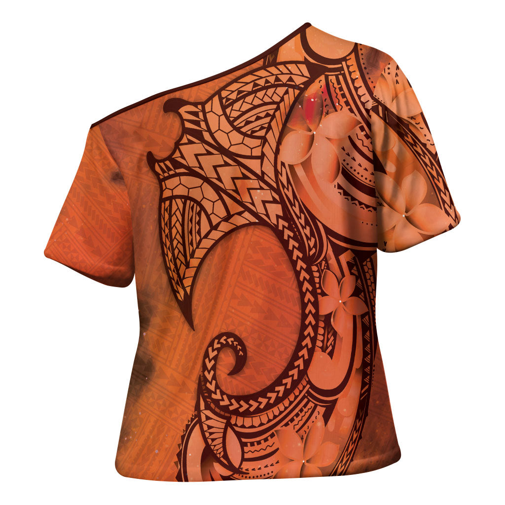 Polynesia Manta Ray Tattoo Cross Shoulder Shirt Tropical Plumeria Orange Polynesian Pattern LT14 - Polynesian Pride