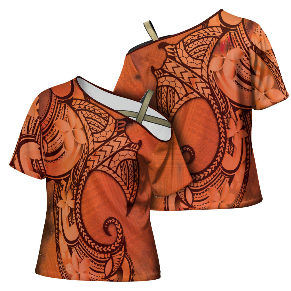Polynesia Manta Ray Tattoo Cross Shoulder Shirt Tropical Plumeria Orange Polynesian Pattern LT14 - Polynesian Pride