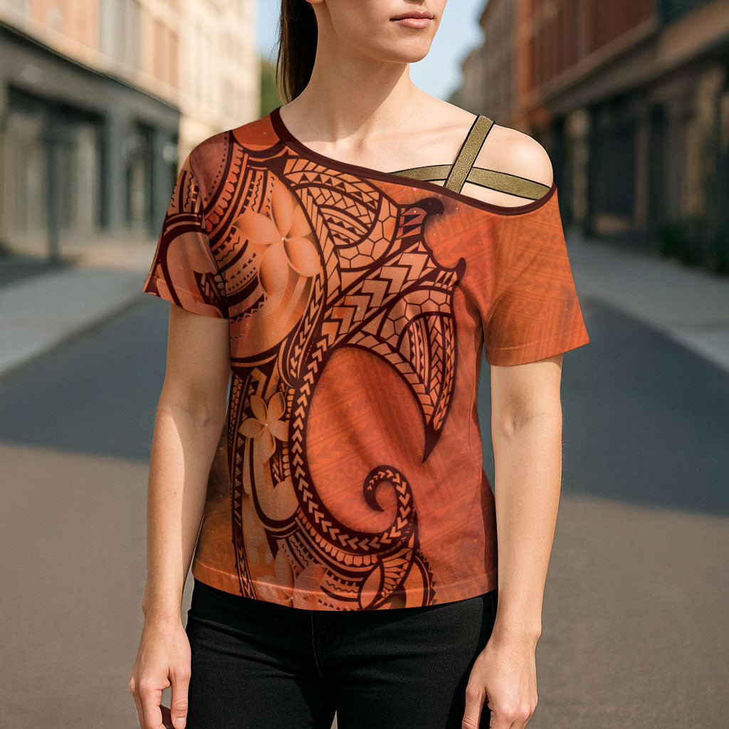 Polynesia Manta Ray Tattoo Cross Shoulder Shirt Tropical Plumeria Orange Polynesian Pattern LT14 - Polynesian Pride