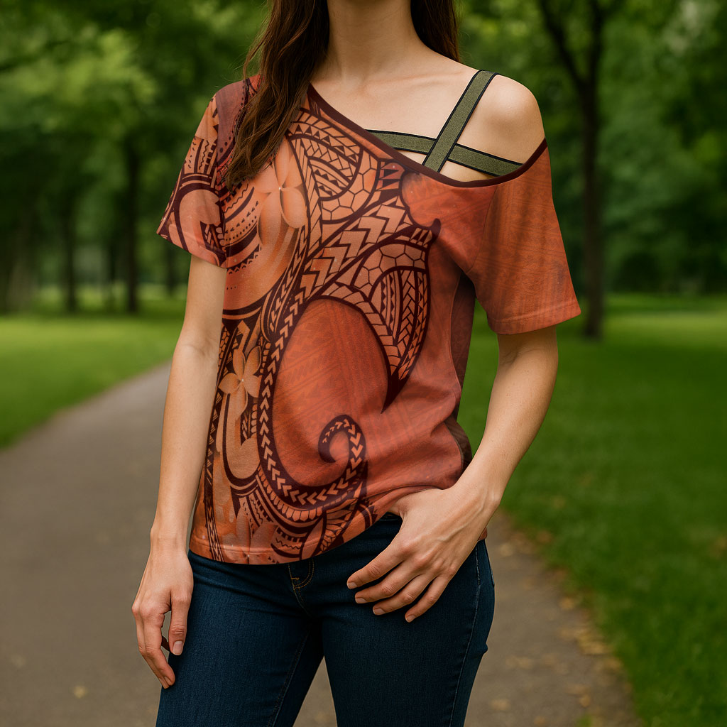 Polynesia Manta Ray Tattoo Cross Shoulder Shirt Tropical Plumeria Orange Polynesian Pattern LT14 - Polynesian Pride
