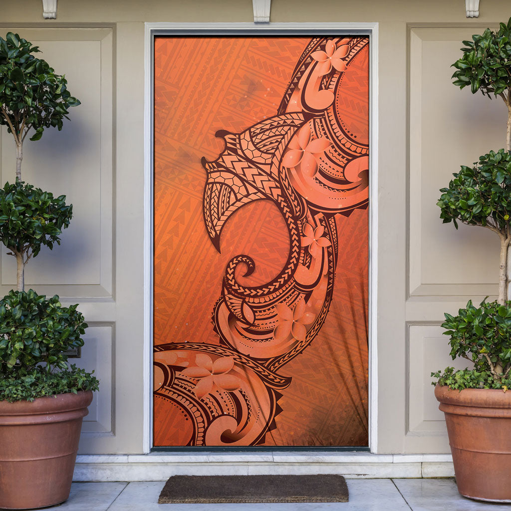 Polynesia Manta Ray Tattoo Door Cover Tropical Plumeria Orange Polynesian Pattern