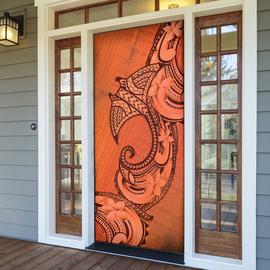 Polynesia Manta Ray Tattoo Door Cover Tropical Plumeria Orange Polynesian Pattern