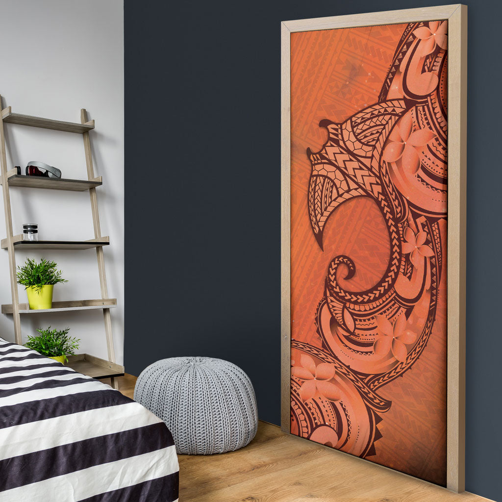 Polynesia Manta Ray Tattoo Door Cover Tropical Plumeria Orange Polynesian Pattern